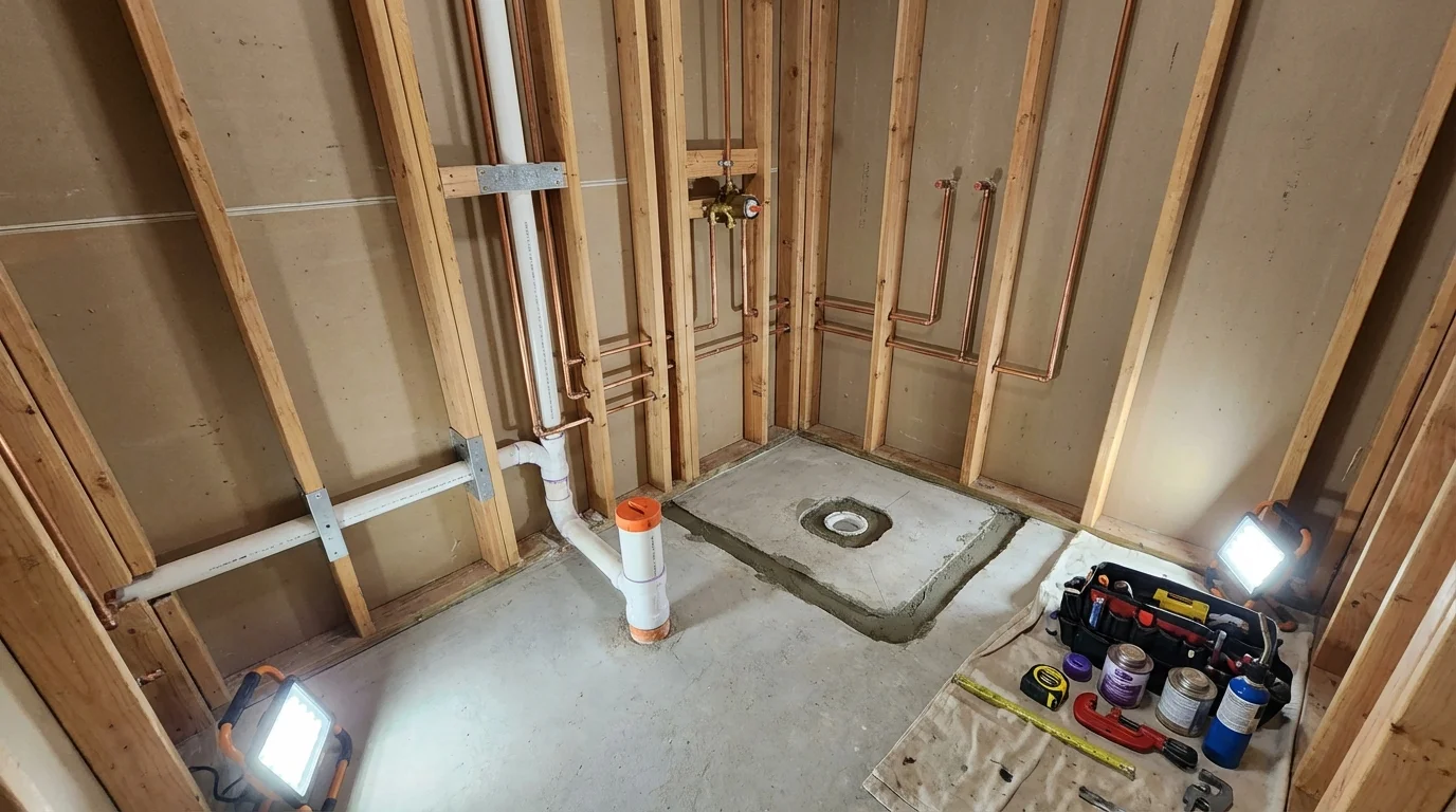 Bathroom rough-in plumbing during remodel by Johns Plumbing LLC in Wampsville