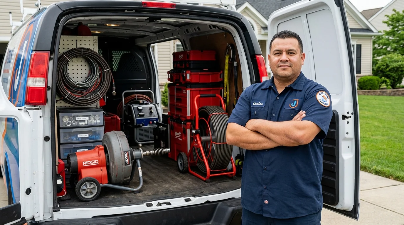 Professional drain cleaning equipment and Johns Plumbing LLC plumber in Wampsville