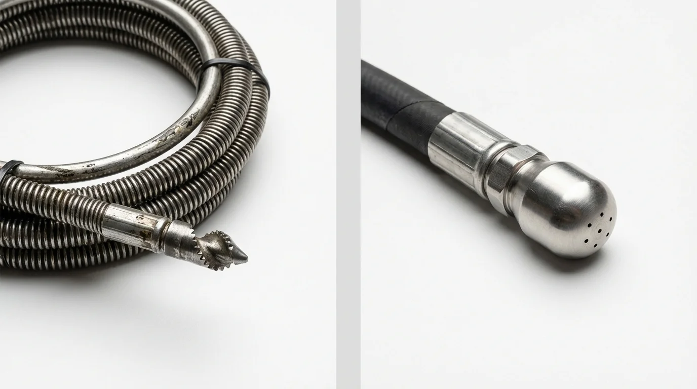 Drain snake cable and hydro jetting nozzle used for drain cleaning in Wampsville, NY