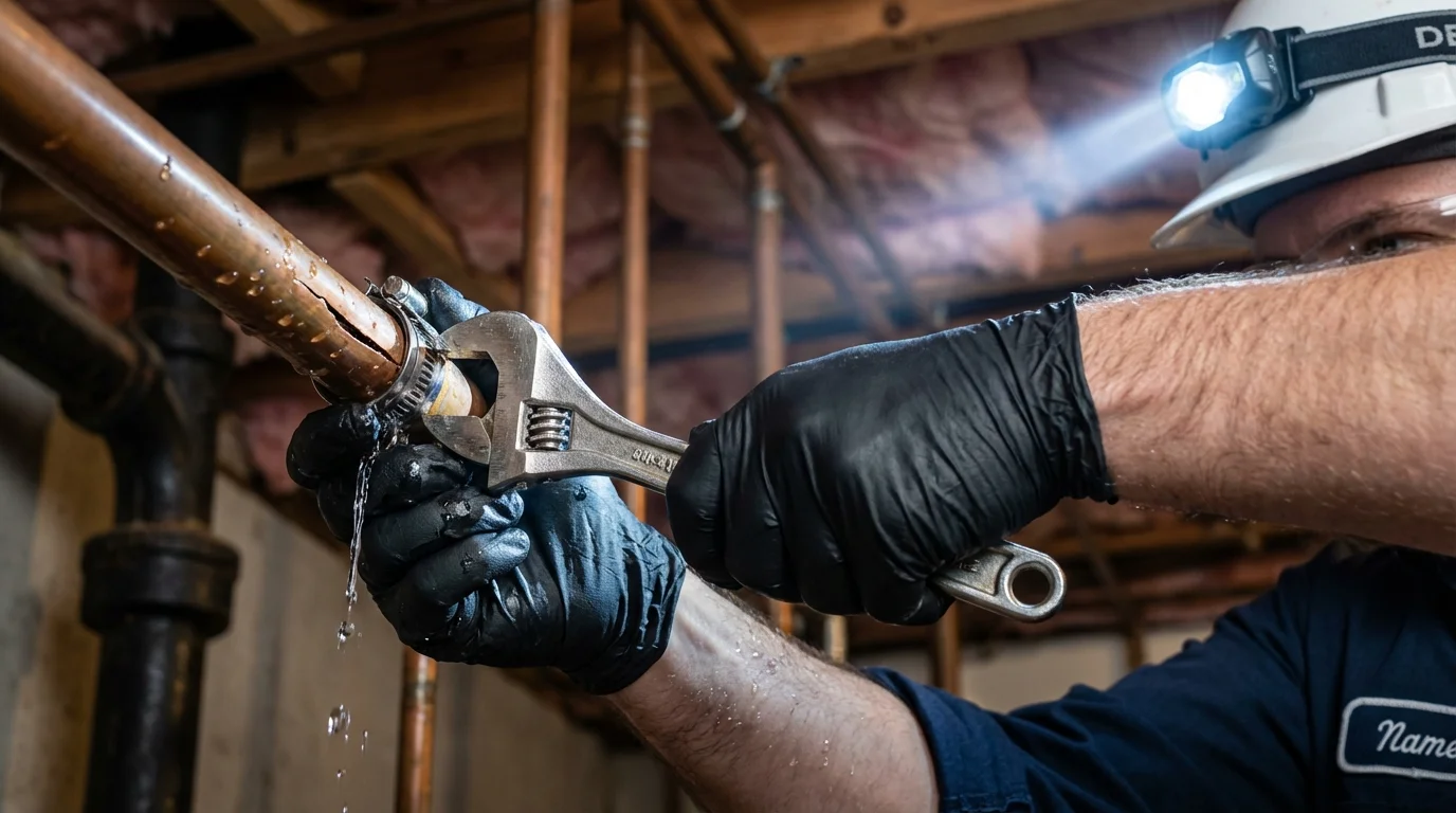 Emergency pipe clamp repair being performed by a Johns Plumbing LLC plumber in Wampsville