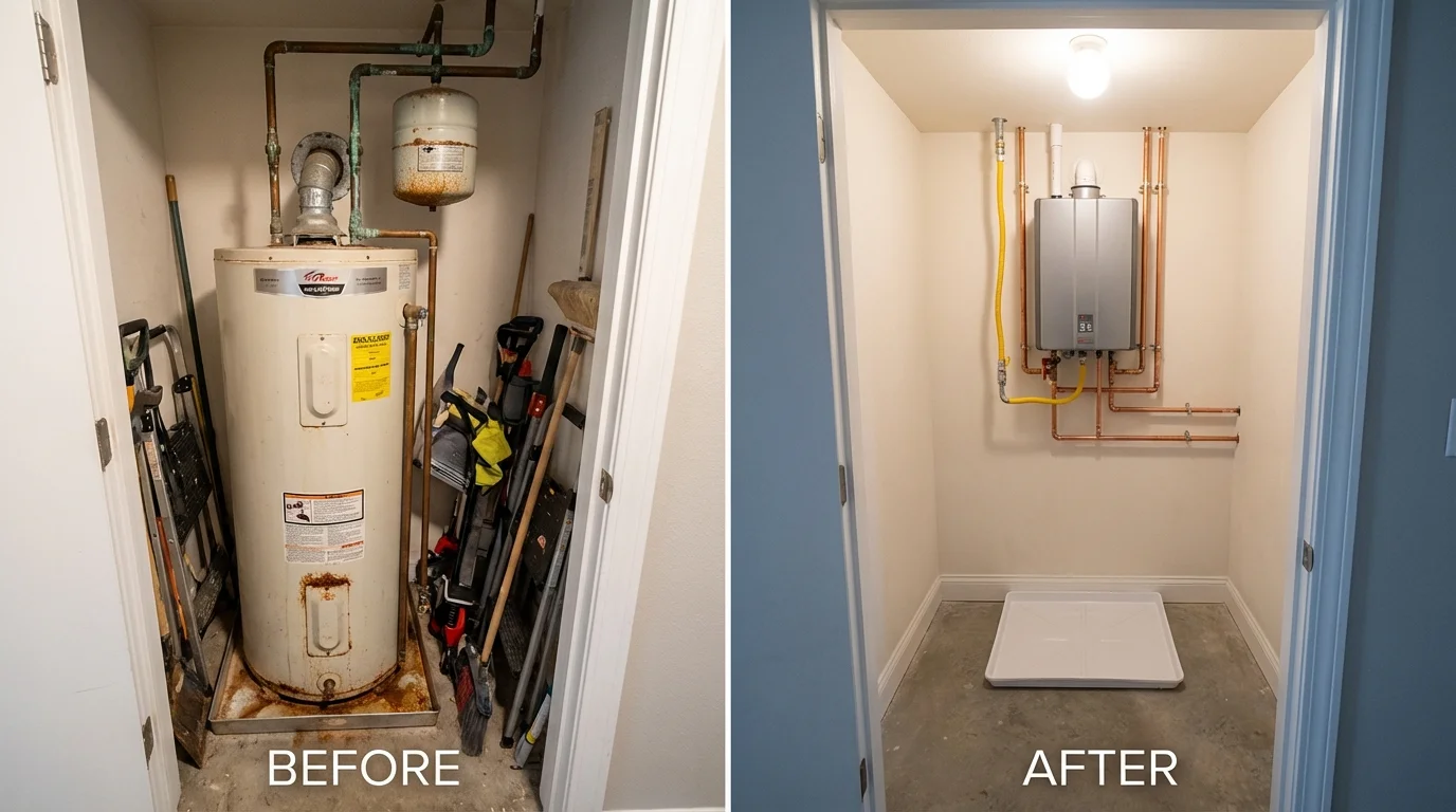 Tank water heater versus wall-mounted tankless unit comparison for Wampsville, NY homeowners