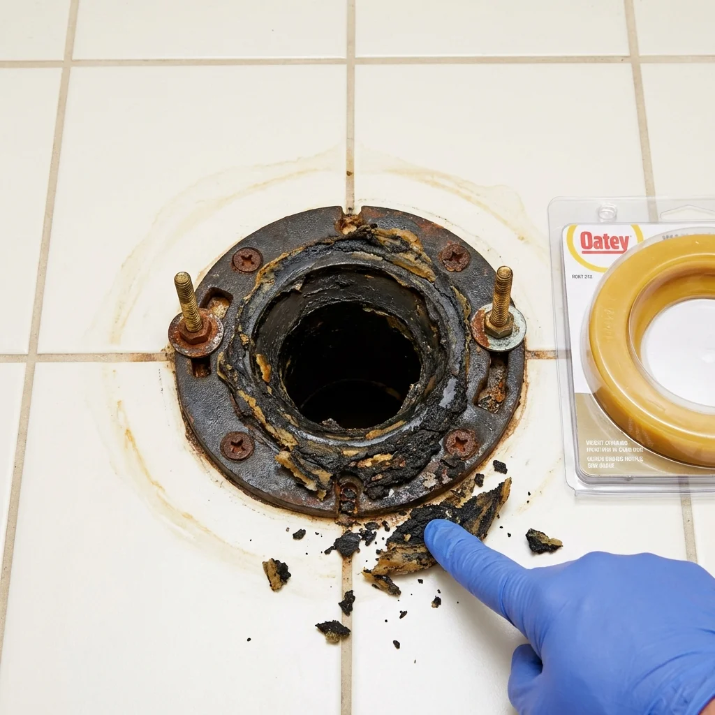 Failed wax ring showing water seepage at the base of a toilet in a Wampsville, NY home