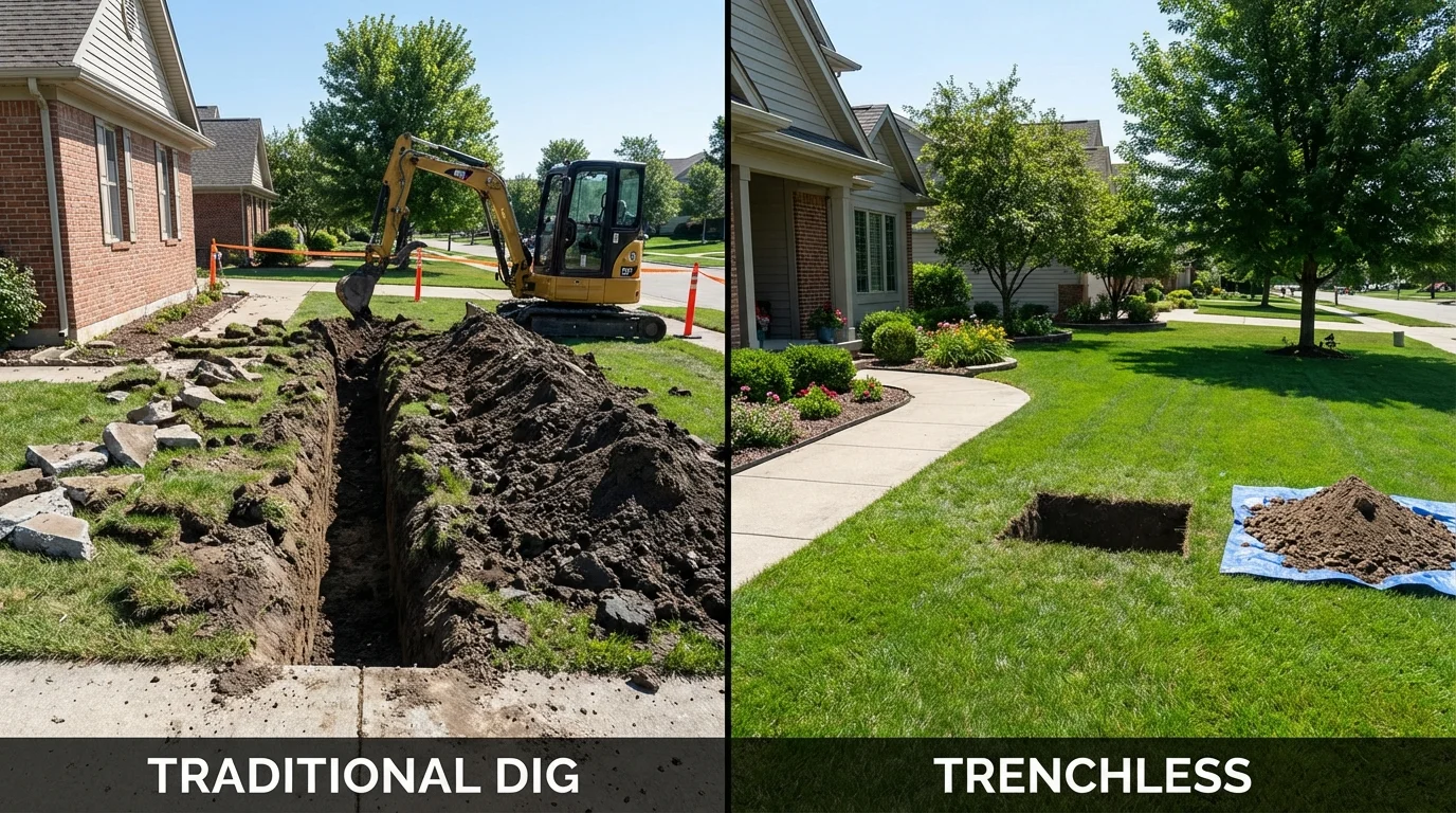 Trenchless sewer repair with minimal yard damage versus traditional excavation in Wampsville, NY