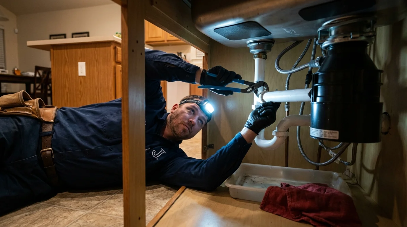 P-trap and supply line connections under a kitchen sink showing a common leak point in Wampsville, NY